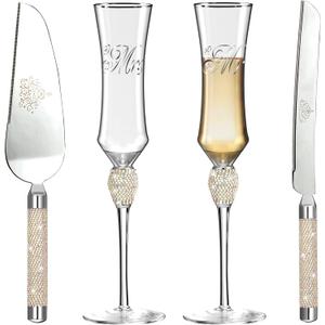 Wedding Cake Knife and Server Set, Mr and Mrs Champagne Flutes Glasses for Bride and Groom Decorated with Colorful Rhinestones, Wedding Gifts for Newly Engaged Couple (Silver)