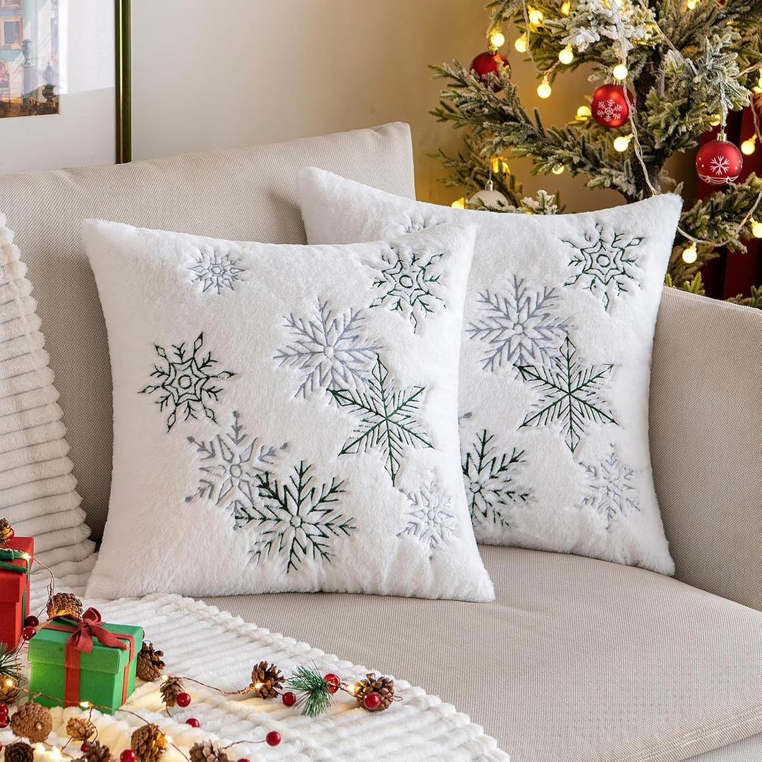 MIULEE Pack of 2 Christmas Decorative Throw Pillow Covers Soft Faux Fur Pillow Cases with Embroidery Snowflake Winter Cute Pillowcases Holiday Decor for Couch Sofa Bedroom, 1616 Inch, Green