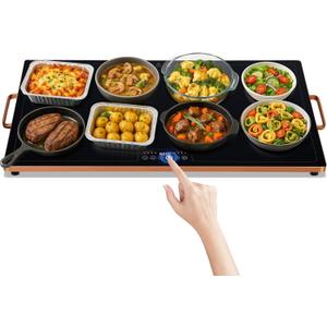 WARMOUNTS Electric Warming Tray (32''×18''), Temperature Control Food Warmers for Buffets Party with Touch-sensitive Buttons and Timer, Full Surface Tempered Glass Top Heating Food Warming Tray - Gold