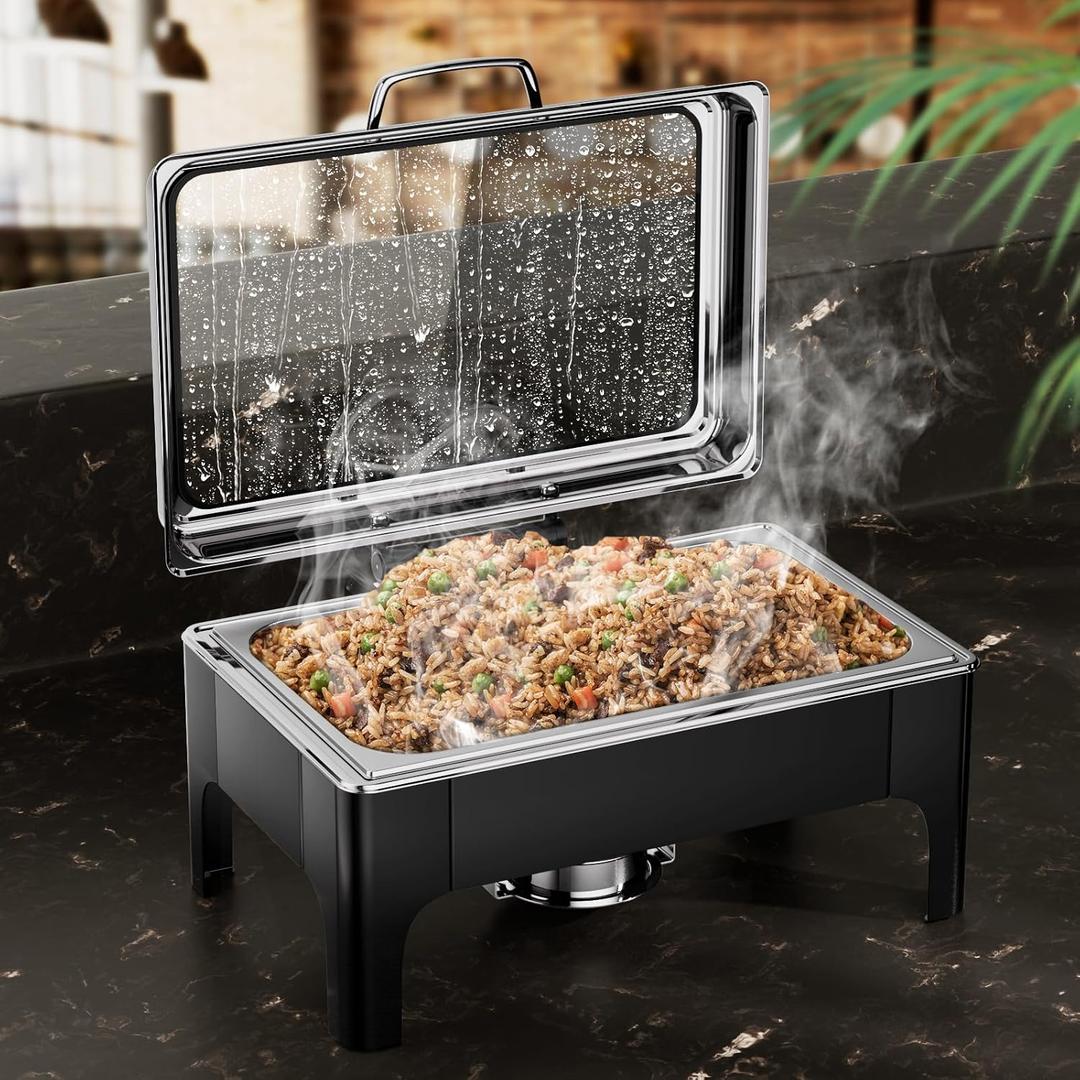 Chafing Dishes for Buffet, 9.5QT Square Stainless Steel Chafing Dish with Transparent Hydraulic Lid, 304 Food Pan, Buffet Warmer for Parties and Events (Black)