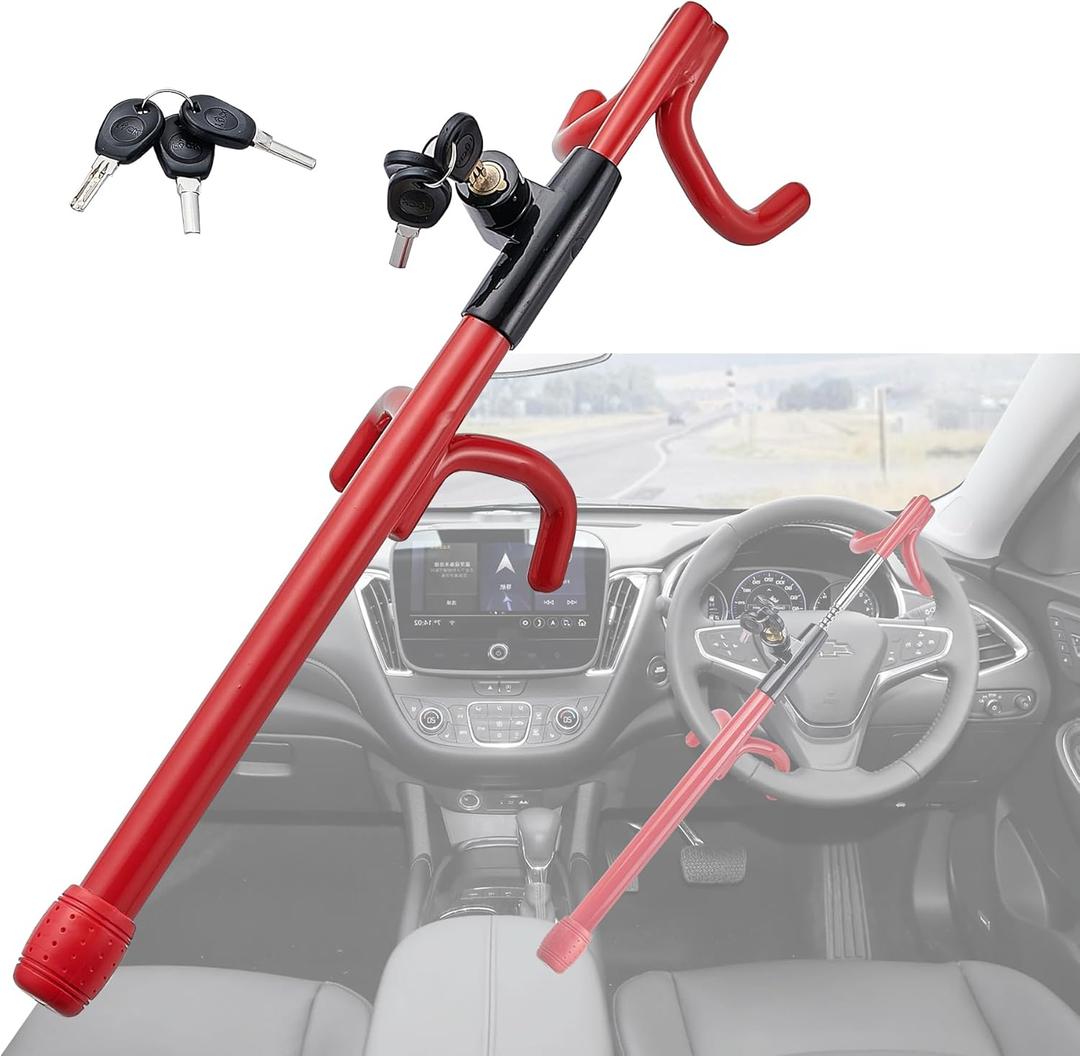 Steering Wheel Lock Anti-Theft Heavy Duty Secure Car Device, Adjustable Length Clamp Double Hook Locks Universal Fit Red