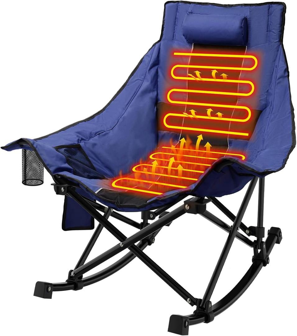 ZENPETIO Heated Camping Chair, Oversized Outdoor Rocking Chair with 3 Heat Levels, Portable Folding Heated Chair for Camp, Lawn, Sports, Winter Use (Battery NOT Included) (Blue)