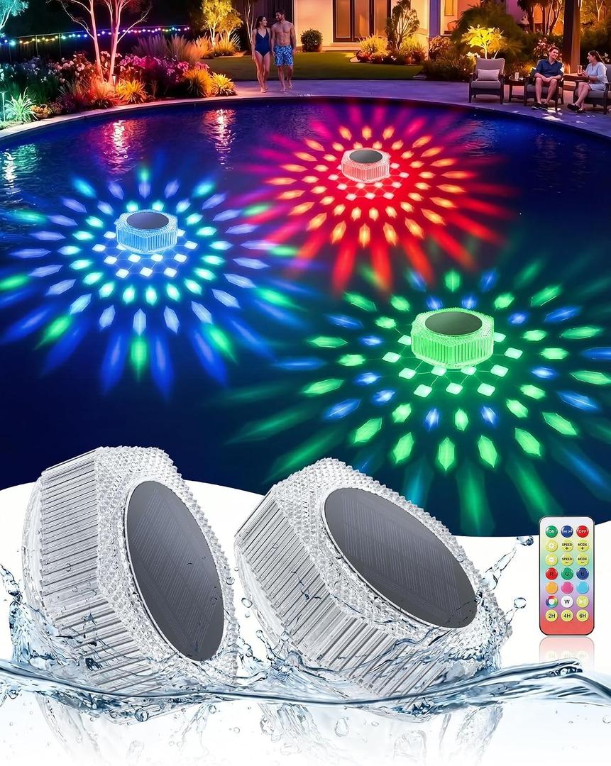 BUCASA Solar Floating Pool Lights, 2 Pack RGB LED Pool Lights with Remote, IP68 Waterproof Solar Powered Pool Lights for Inground/Above Ground Pools, Pond, Party Decor, Static & Dynamic Modes, Timer
