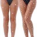 VEBZIN 2 Pack Sparkly Large And Medium Mesh Fishnet Tights For Women Glitter Rhinestone Fishnets Stockings (White, No Size)