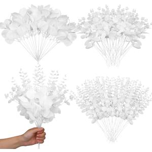 Giegxin 90 Pcs 3 Kinds Mixed Eucalyptus Leaves Stems Bulk Artificial Silver Dollar Leaves Picks Dried Eucalyptus Bundle Faux Spray for Wedding Vase Bouquet Floral Arrangement (White)