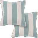 Outdoor Throw Pillow with Insert 18x18 Inch, Set of 2, Piping Edge Waterproof Fade Resistant Decorative Fluffy Pillows for Patio Furniture Chair Bench Couch Sofa - Teal Ivory Striped