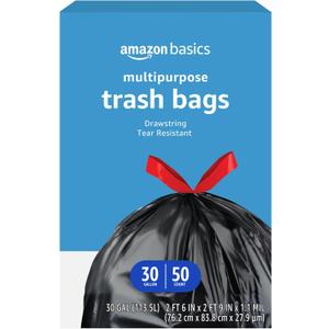 Amazon Basics Multipurpose Drawstring Trash Bags, 30 Gallon Capacity, Tear Resistant, 50 Count (Previously Solimo)