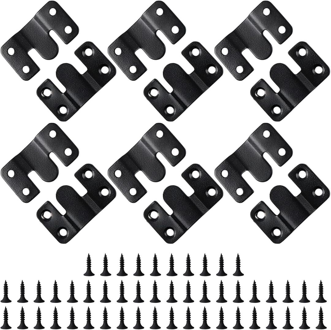 12PCS 2.09 x 1.18 inch Black Flush Mount Bracket Stainless Steel Interlock Hanging Buckle Z Clips Headboard Wall Mounting Brackets French Cleat Picture Hanger Heavy Duty with 48PCS Screws