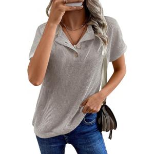 Womens Tops Summer Sweaters Short Sleeve Patchwork V Neck Henley Shirts 2026 Dressy Casual Business Tunic Blouses (XL)