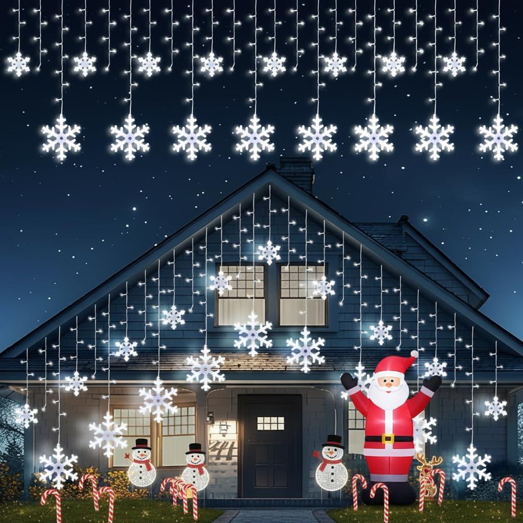 Brightown Snowflake Christmas Lights, 20Ft 228 LED Icicle Lights for Outside with 24 Drops, Connectable Curtain String Lights for Indoor Outdoor House Eaves Window Porch Tree, Pure White
