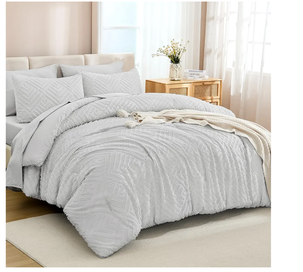 Andency Light Grey Comforter King Size Set with Sheets - 7 Pieces Boho Bed in a Bag Tufted Bedding Sets Lightweight All Season Bed Set with Comforter, Sheets, Pillowcases & Shams