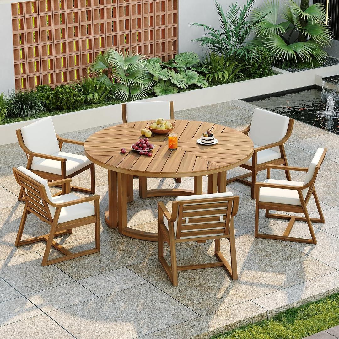 Merax 7 Pieces Outdoor Dining Set for 6 People, Acacia Wood Patio Furniture Sets with Round Table and Six Cushioned Chairs for Backyard, Garden, Lawn, Poolside, Tabletop with Umbrella Hole, Light Teak