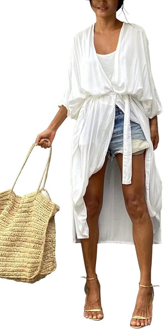 CHERRY CAT Women Beachwear Long Beach Coverups Casual Dress Solid White (White)