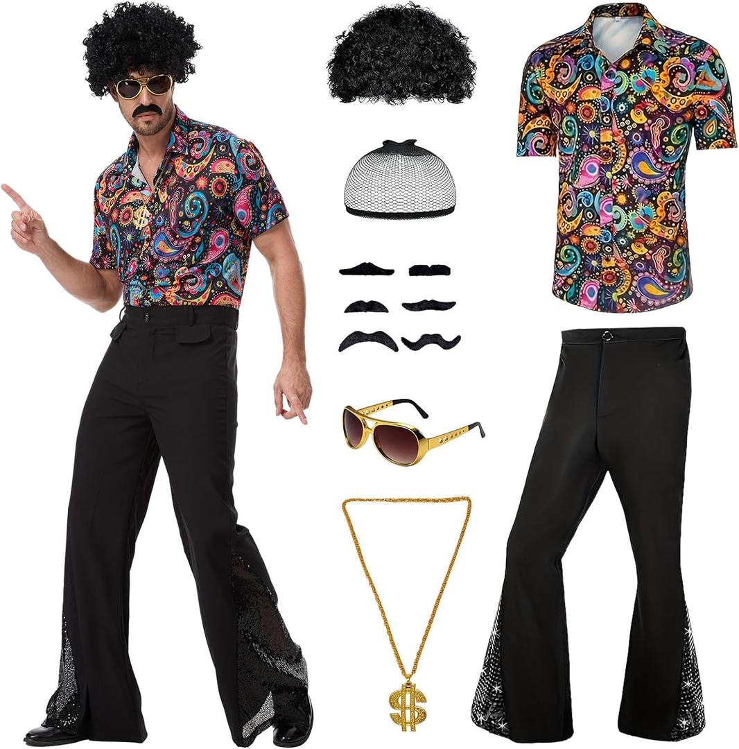 70s Disco Outfit Costume for Men, Include Shirt Bell Bottom Pants Wig Sunglasses Necklace Wig Cap, for Disco Party XXL