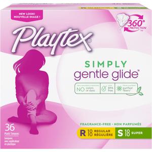 Playtex Simply Gentle Glide Tampons, Multipack (36ct Regular/36ct Super Absorbency), Fragrance-Free - 72ct (2 Packs of 36ct)
