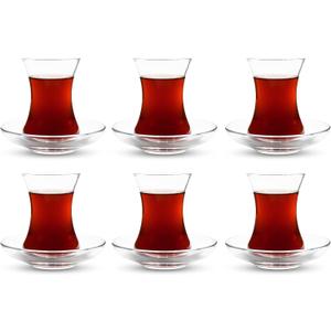 ums Turkish Tea Glass Set, Slim Waist Design and Thick Sole Prevent Tea From Getting Cold, Easy to Keep for 6 People, 6 Saucers, 6 Glasses, Useful Set (12 Pieces)