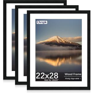 22X28 Poster Frame, Display Pictures 18X24 with Mat or 22X28 Without, Wall Hanging Frames, Black, 3 Pack