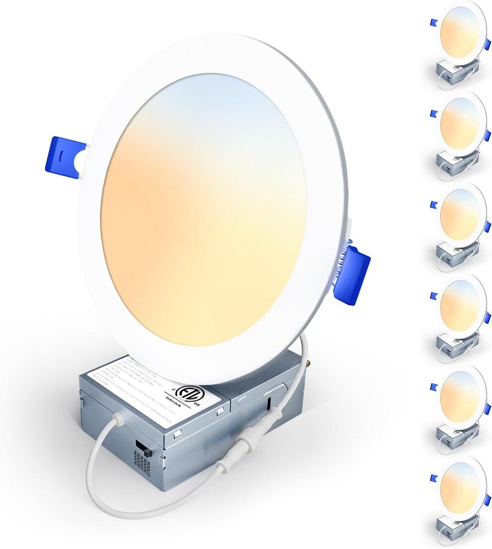 6 Pack 6 Inch 5CCT LED Recessed Light, Silm Canless Recessed Lighting, Dimmable, Damp Rated, 2700K-5000K Selectable, Wafer Ceiling Downlight with Junction Box, 1200LM, 12W 120V, ETL&FCC