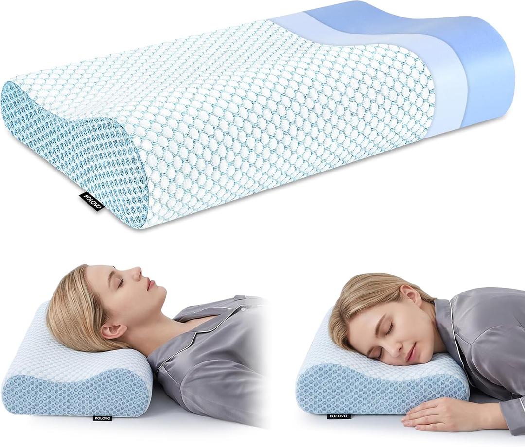 Polovo Neck Pillow Memory Foam Pillows for Sleeping, Ergonomic Cervical Pillow Neck Support Pillow Bed Pillow for Side Back Stomach Sleepers, Contour Pillow for Neck and Shoulder Pain Relief (Blue)