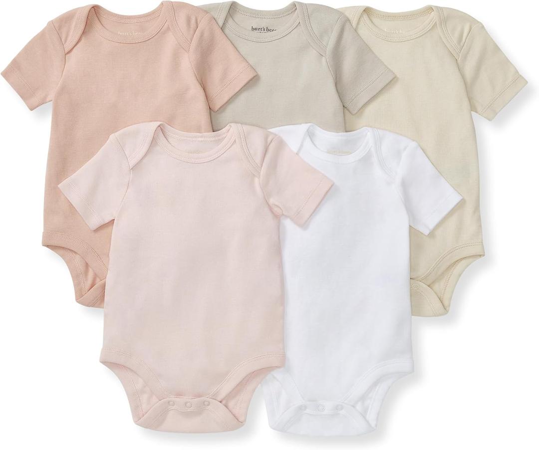 Burt's Bees Baby Unisex Bodysuits, Short Sleeve Organic Sleepwear, 5-Pack | Essential baby bodysuit pack featuring an easy-on and off lap-shoulder neck design for stress-free daily outfitting