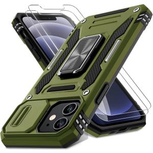 DEERLAMN Case for iPhone 12/12 Pro with Slide Camera Cover+Screen Protector(2 Packs),Rotated Ring Kickstand Military Grade Shockproof Protective Cover-Olive Green