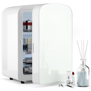 9L Mini Fridge for Bedroom - Car, College Dorm Room & Office Desk 12v Portable Cooler Warmer Skincare, Beauty Makeup, Drinks, Food AC/DC Small Refrigerator with Glass Front, 110 Volts, Black, W9.6" x H14" x D10.6
