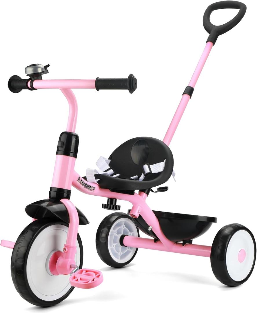 Liberry 2 in 1 Toddler Tricycle Age 2 3 4 Years Old, Kids Trike with Adjustable Push Handle, Bell & Basket, 3 Wheel Bike Riding Toy Birthday Gift for Girls Boys, Light Pink