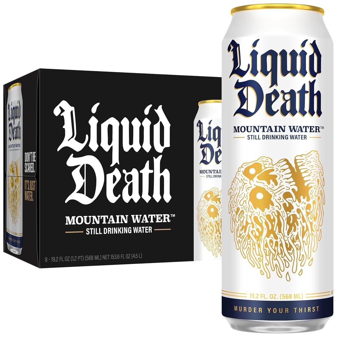 Liquid Death, Still Mountain Water, 8-Pack (19.2oz Cans), Real Mountain Source, Infinitely Recyclable Ice-Cold Cans, American Made, BBD 09/16/2027