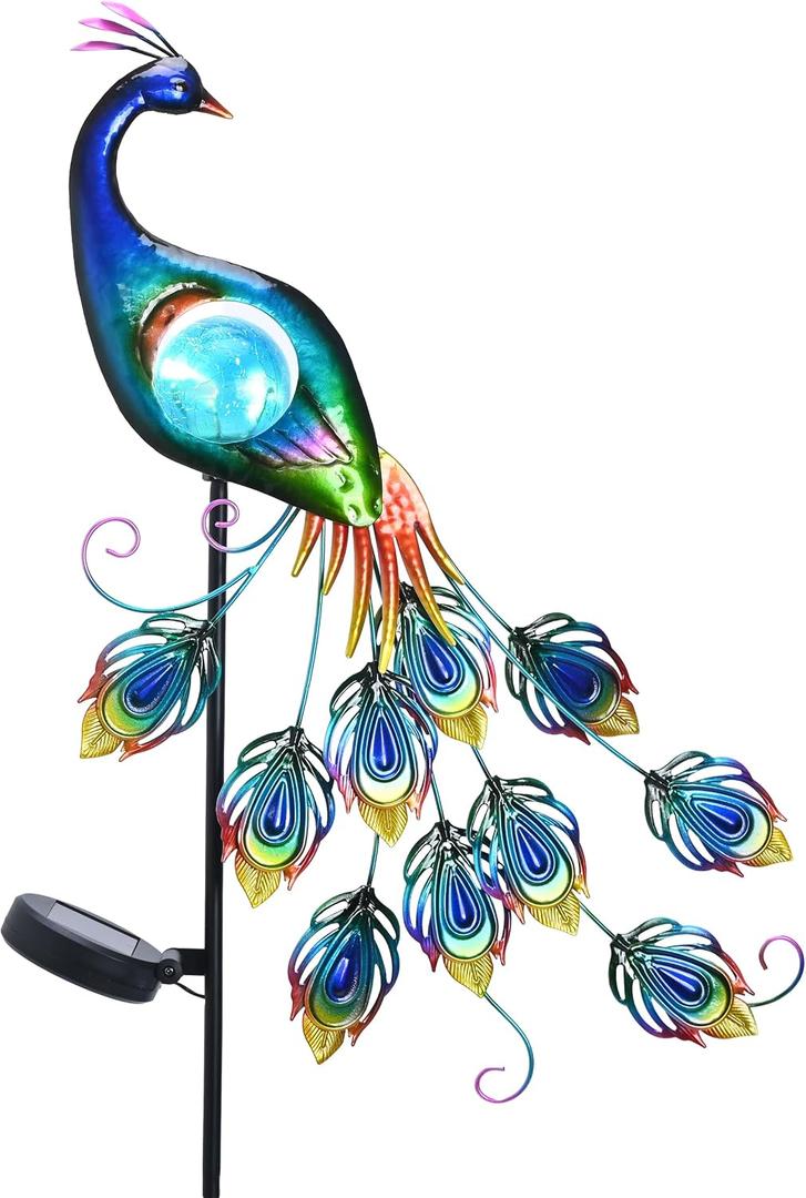 TERESA'S COLLECTIONS Yard Decorations Outdoor for Garden Decor, Peacock Solar Outdoor Lights, 32'' Metal Lawn Ornaments for Outside with Crackle Glass Ball, Decorative Stake Gifts for Mom