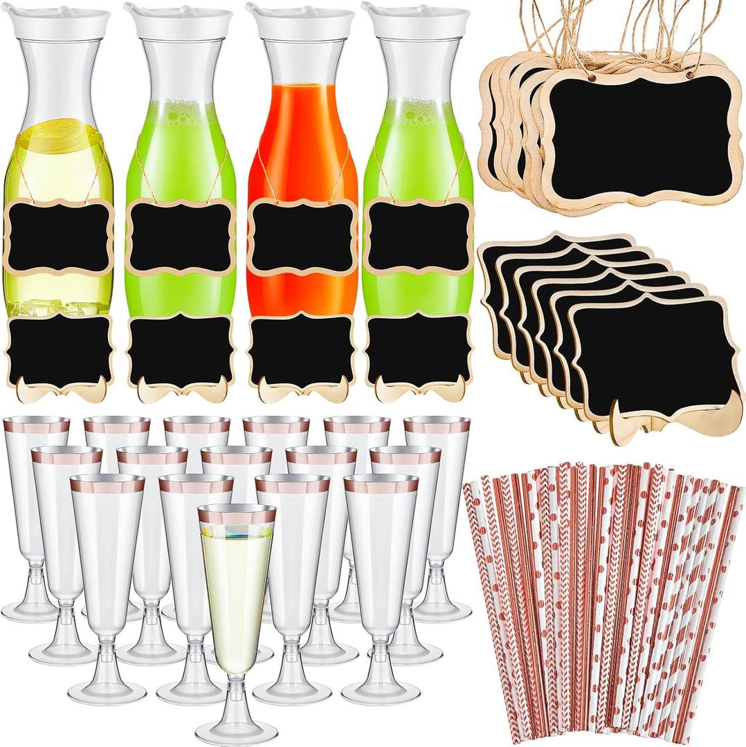 74 Pcs Mimosa Bar Supplies 34 oz Plastic Carafe with Lids Drink Juice Carafe with Champagne Flutes Plastic Water Pitcher for Mimosa Bar with Wooden Chalkboard Tags Straws(Rose Gold Rim, Clear)