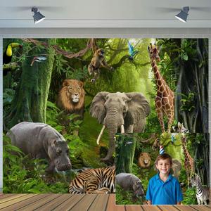 7X5FT Jungle Forest Animals Photo Backdrop, Tropical Rainforest Natural Scenery Safari Party Background for Kids Baby, Adult Wedding Camping Themed Decoration Photo Shoot Backdrop Props (Green)