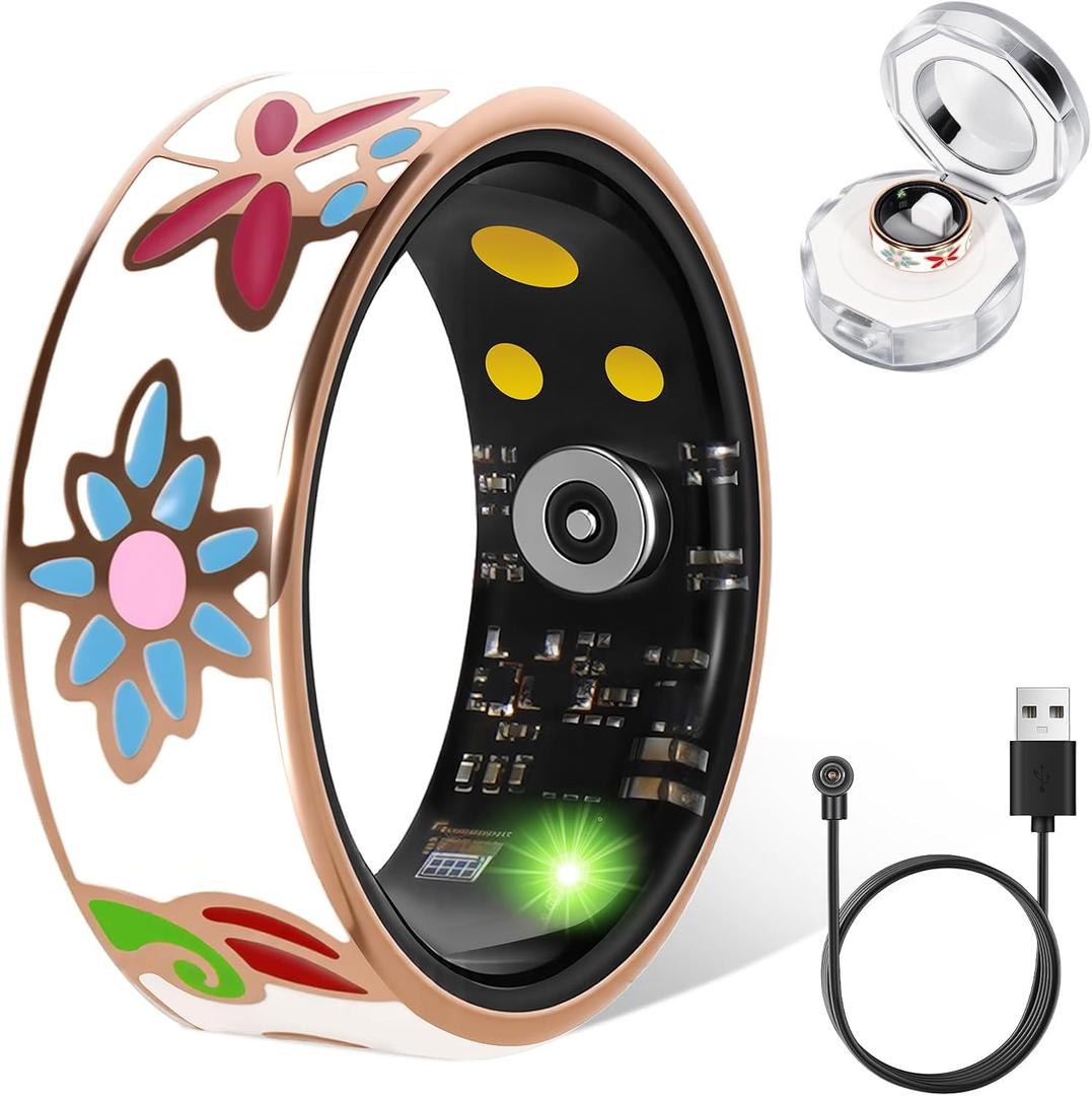 Smart Ring for Women & Men, Fitness Tracker with Heart Rate, SpO2, Blood Pressure & Sleep Monitoring, IP68 Waterproof, Long Battery Life, No Monthly Fees, for iPhone Android (9#&Floral) (Gold)