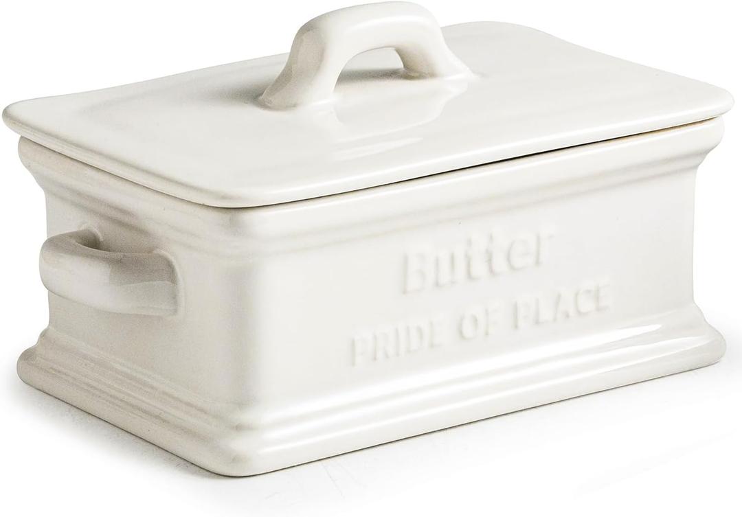 Zoeeker Butter Dish with Lid, Ceramic Butter Dish for Countertop Butter Holder Container Large Butter Keeper for East West Coast Butter, Mother's Day Kitchen Decor, White