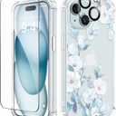 GVIEWIN for iPhone 15 Case Floral, with Screen Protector & Camera Lens Protector,[Non Yellowing] Soft Shockproof Clear Phone Protective Cover for Women, Flower Pattern Design 6.1" (Hibiscus)