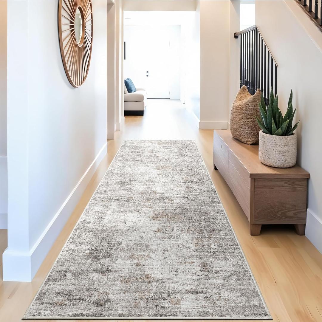 3x12 ft Long Hallway Runner Rug - Non-Slip Washable Kitchen Rug with Rubber Backing,Modern Abstract Neutral Thin Low Pile Floor Carpet Runner for Entryway,Bedroom,Living RoomBeige Grey