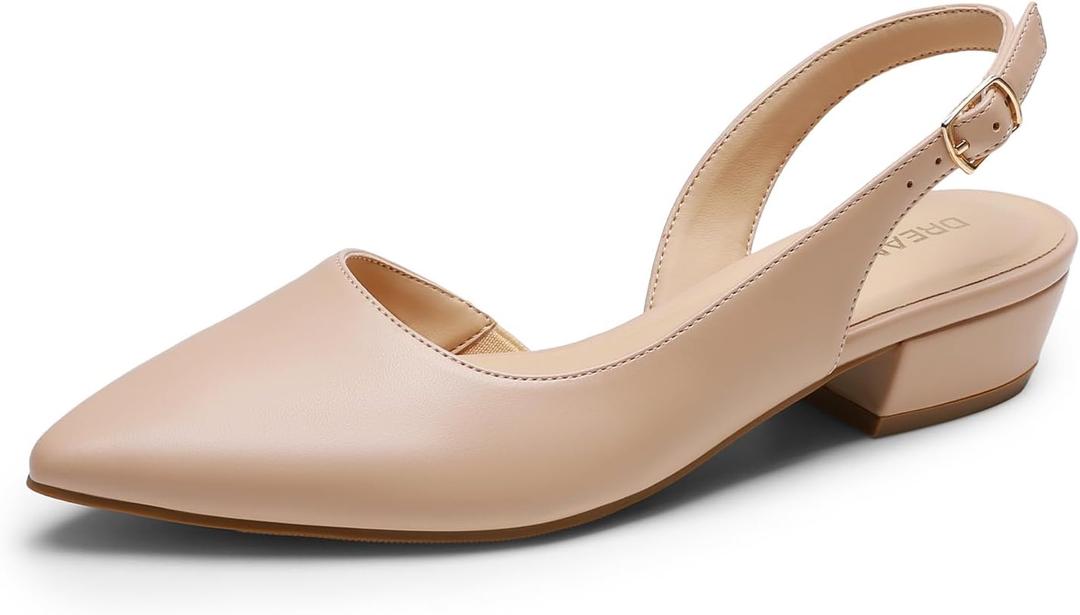 DREAM PAIRS Womens Slingback Kitten Low Block Heels Closed Pointed Toe Ankle Strap Elegant Dressy Pumps Wedding Party Dress Shoes for Women (9, Nude)