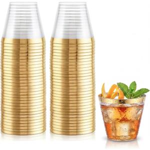 Hioasis 100Pcs 9OZ Clear Plastic Cups with Gold Trim - Plastic Disposable Cups, Heavy Duty & BPA-free for Party, Wedding, Celebrations