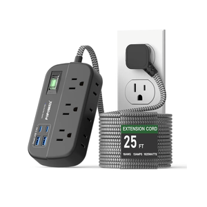 25 FT Flat Extension Cord, Power Strip with Surge Protection- 6 Widely Outlets 4 USB Ports, Flat Plug, Wall Mount Outlet Extender, 1080J Multiple Outlets for Indoor Home Office, Dorm Room Essentials