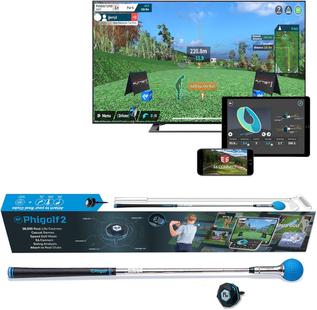 PHIGOLF Home Golf Game Simulator: Enjoy Interactive Golf with Motion Sensor & Swing Stick for Indoor & Outdoor Fun  38,000+ Courses Worldwide, Compatible with Android, iOS, App & E6 Connect