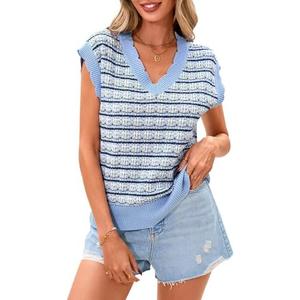 CFLONGE Vests for Women 2025 Trendy Sleeveless Striped Sweater Vest Crochet Knit Cropped Work Tank Top Outfits Y2K Clothes, XXL