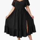 SCOMCHIC Womens Plus Size Wedding Guest Cocktail Dresses Sweetheart Neckline Short Sleeve Smocked Ruffle Slit Maxi Dress Size M