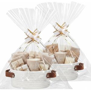 Colingmill 2 Pack Valentines Woven Baskets for Gifts Empty with Handle 9.4 x 5.9 x 3.9 Inch Small Holiday Basket with Bag and Ribbons Empty Organizer for Valentines Easter Wedding Birthday Gift(White)