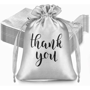 Sieral 50 Pcs Thank You Satin Gift Bags with Drawstring Jewelry Candy Pouches for Wedding Bridal Baby Shower Employee Appreciation Birthday Party Thank You Bags Gift Wrap(Silver, 4 x 6 Inch)