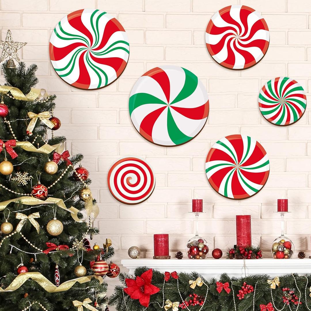 Whaline 6Pcs Christmas Candy Wooden Wall Decor Red Green Peppermint Candy Wood Wall Art Sign with Hook for Home Farmhouse Xmas Hanging Ornament