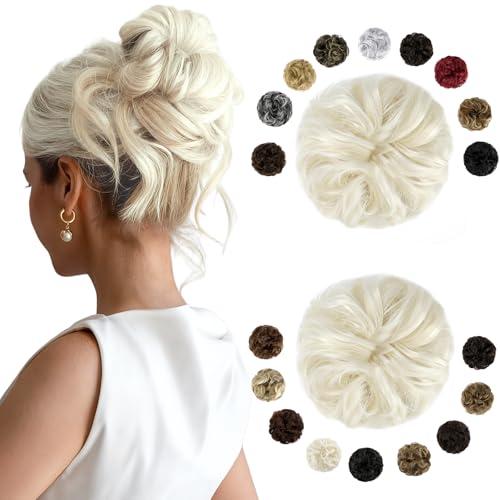FELENDY 2PCS Messy Bun Hair Piece Large Wavy Curly Elastic Hair Bun Scrunchies Fluffy Thick Donut Chignon Hairpieces Updo Extensions Platinum Blonde