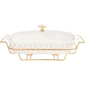 9" x 6" Ceramic Casserole Dish with Glass Lid and Rack, 30 ounce Serving Soup Tureen,Chafing Dish for Buffet, Family Food preserve Tray, Catering Casserole for Party Style, White