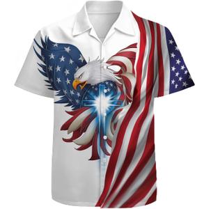 American Flag Eagle Men's Hawaiian Shirt 3D Graphic Button Down Short Sleeve Tropical Holiday Beach Aloha Shirts (3X-Large)