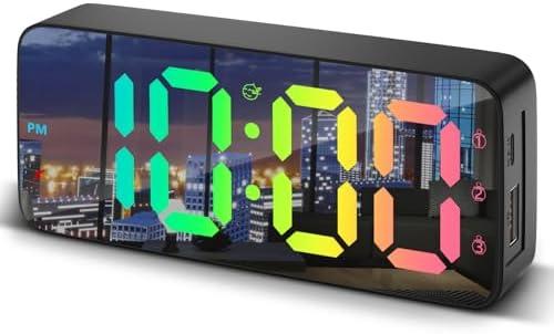 Digital Alarm Clocks for Bedrooms, Dimmable Three Alarm 12/24Hr and Snooze, Plug in LED Digital Clock Large Display for Heavy Sleepers Adults Teens with USB Charger-(Black+Mirror)