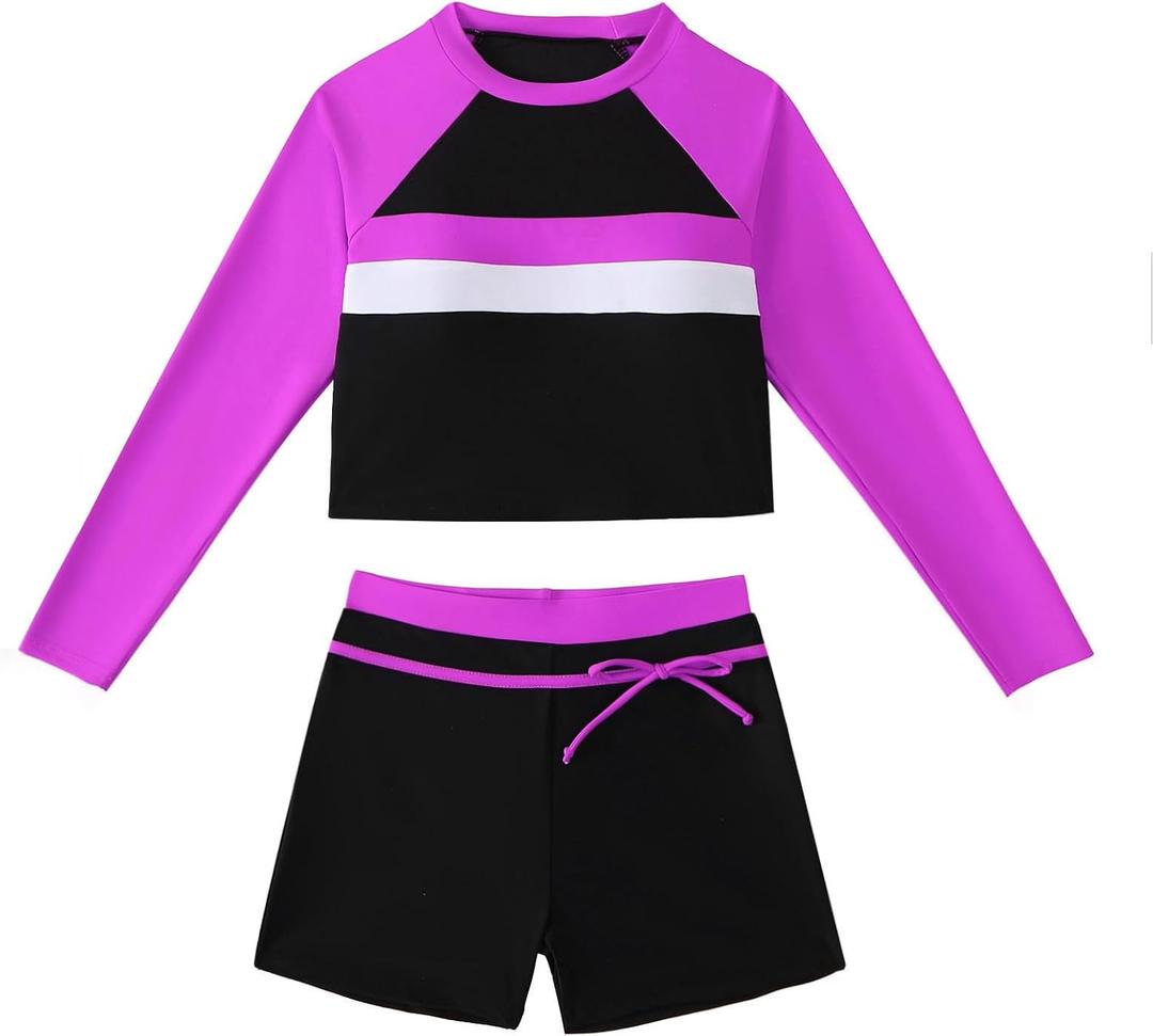 Girls Swimsuit 3 Pieces Long Sleeve Zip Rash Guard Set Bikini Bathing Suits Summer Swimwear with Skirt 7-14 Years (Black)