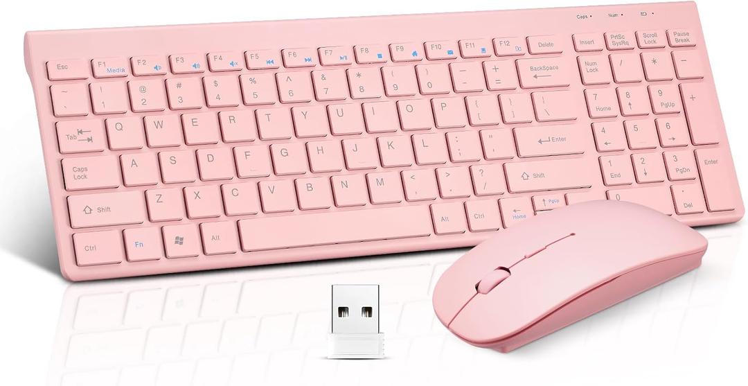 Wireless Keyboard and Mouse Combo, Compact Quiet Wireless Keyboard and Mouse Set 2.4G Ultra-Thin Sleek Design for Windows, Computer, Desktop, PC, Notebook, Laptop-Sakura Pink